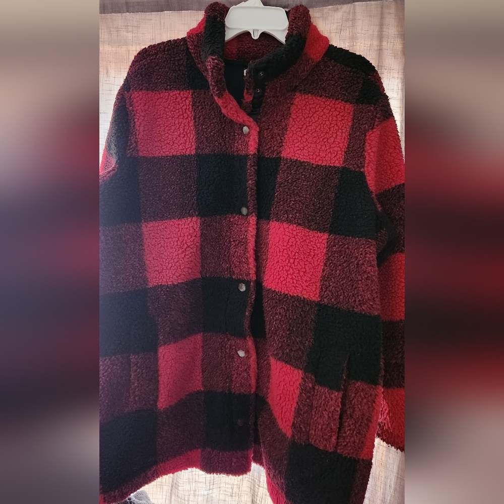 Maurices Red and Black Plaid Sherpa Coat